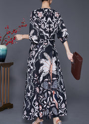 Elegant Black Cinched Print Silk Beach Long Dresses Fall