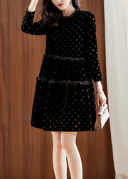 Elegant Black Dot Print Patchwork Velour Dress Spring