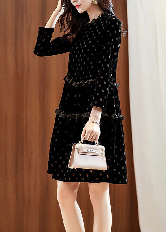 Elegant Black Dot Print Patchwork Velour Dress Spring