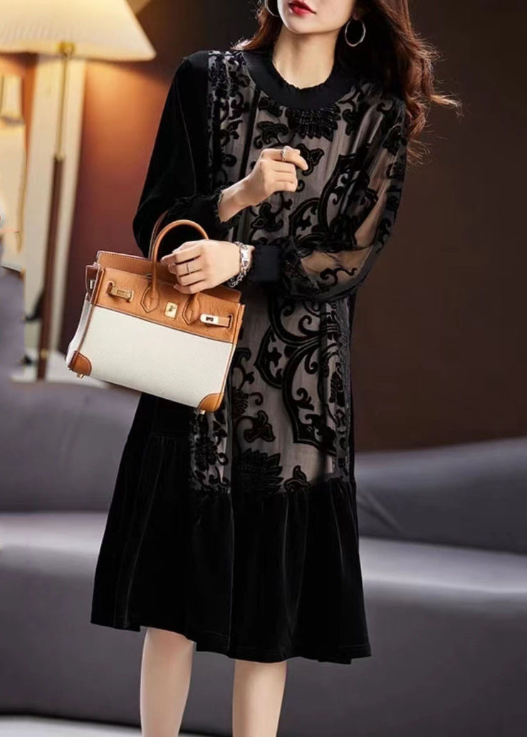 Elegant Black Embroidered Tulle Patchwork Silk Velour Long Dress Long Sleeve