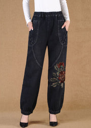 Elegant Black Grey Elastic Waist Embroideried Pockets Cotton Denim Lantern Pants Summer