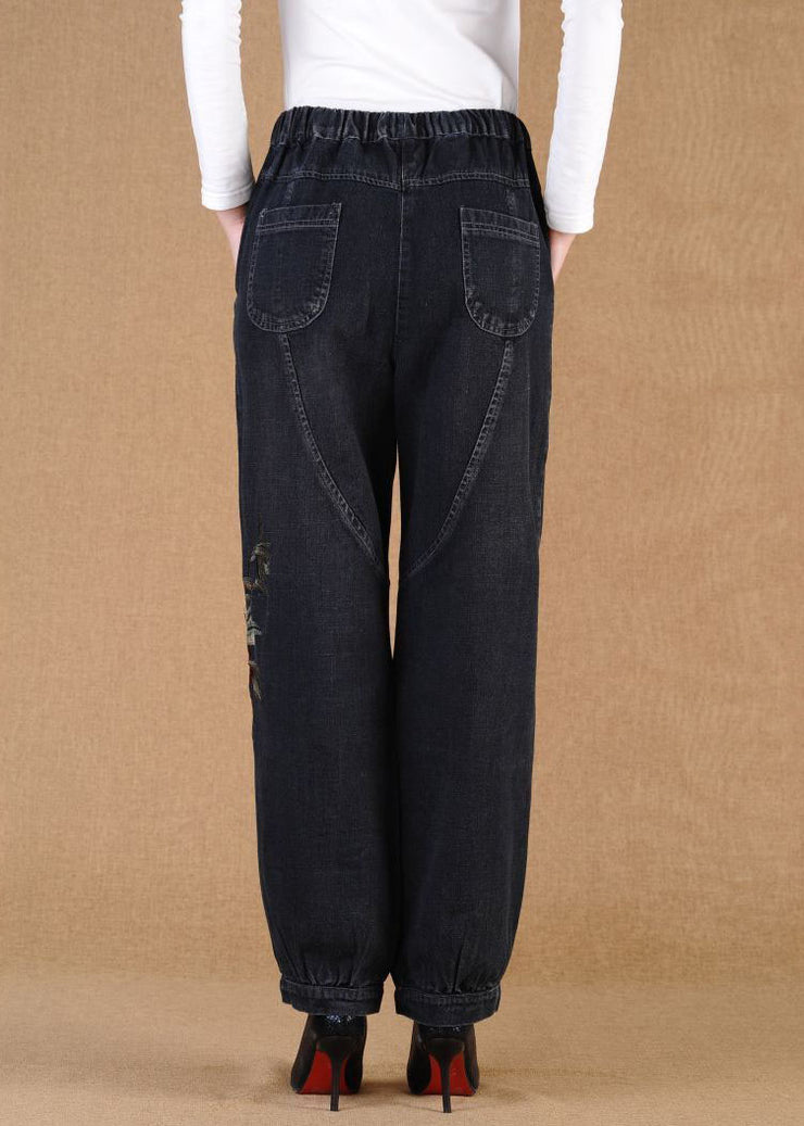 Elegant Black Grey Elastic Waist Embroideried Pockets Cotton Denim Lantern Pants Summer