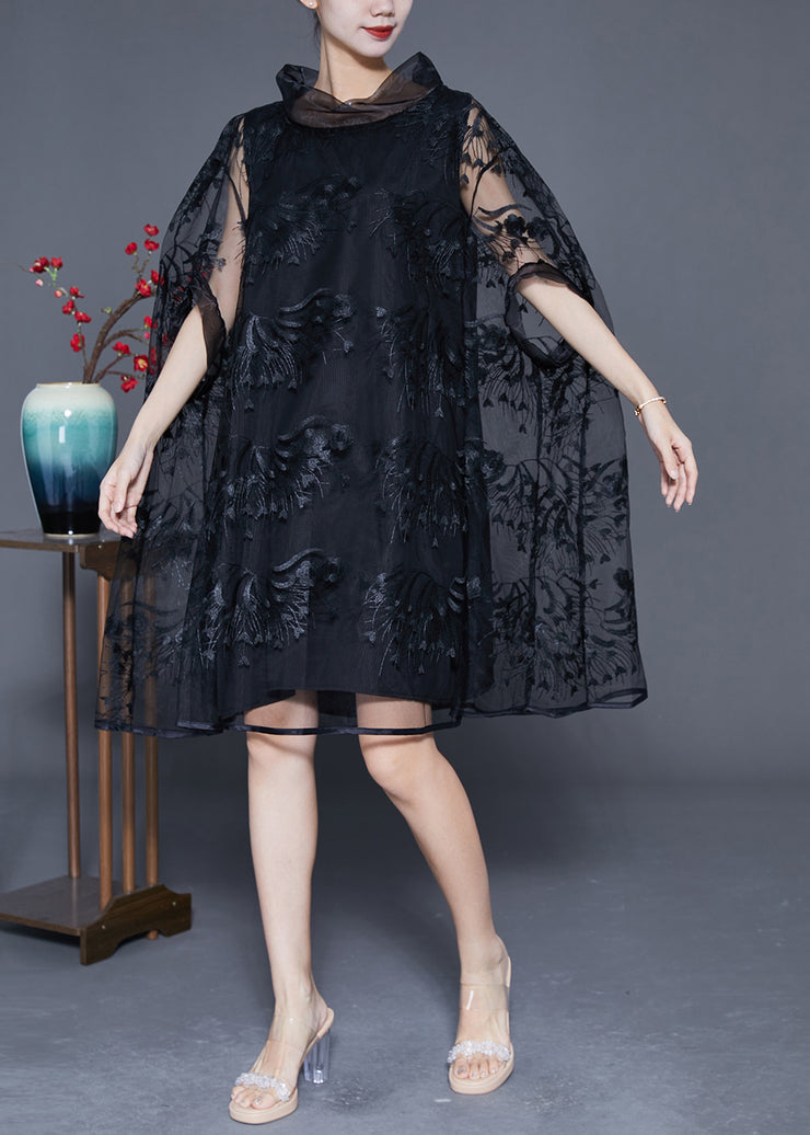 Elegant Black High Neck Embroidered Hollow Out Tulle Dress Cloak Sleeves