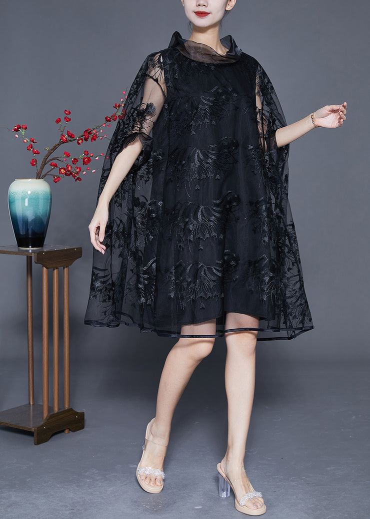 Elegant Black High Neck Embroidered Hollow Out Tulle Dress Cloak Sleeves