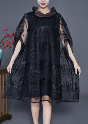 Elegant Black High Neck Embroidered Hollow Out Tulle Dress Cloak Sleeves