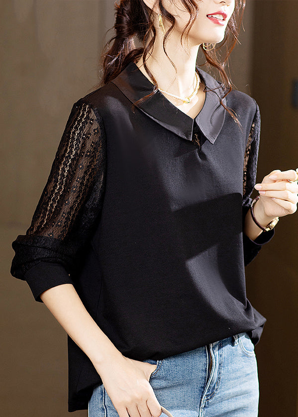 Elegant Black Hollow Out Lace Patchwork Tops Long Sleeve