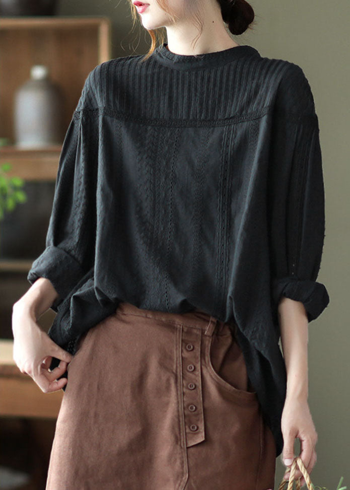 Elegant Black Hollow Out Wrinkled Cotton Shirt Top Spring