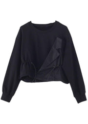 Elegant Black O-Neck Asymmetrical Design Cinched Sweatshirt Streetwear - bagstylebliss