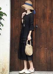 Elegant Black O-Neck Drawstring Cotton Long Dress Two Pieces Set Summer