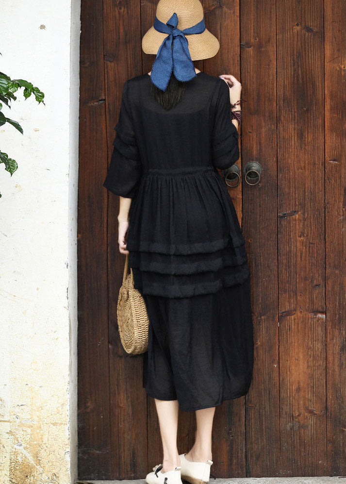 Elegant Black O-Neck Drawstring Cotton Long Dress Two Pieces Set Summer