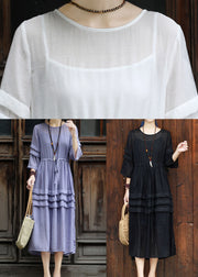 Elegant Black O-Neck Drawstring Cotton Long Dress Two Pieces Set Summer