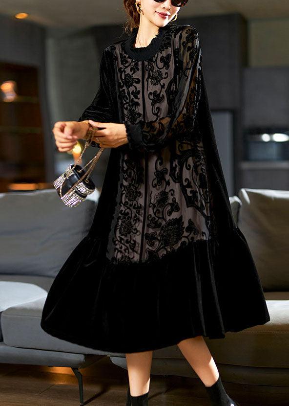 Elegant Black O-Neck Embroidered Patchwork Silk Velour Maxi Dress Long Sleeve