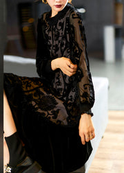 Elegant Black O-Neck Embroidered Patchwork Silk Velour Maxi Dress Long Sleeve