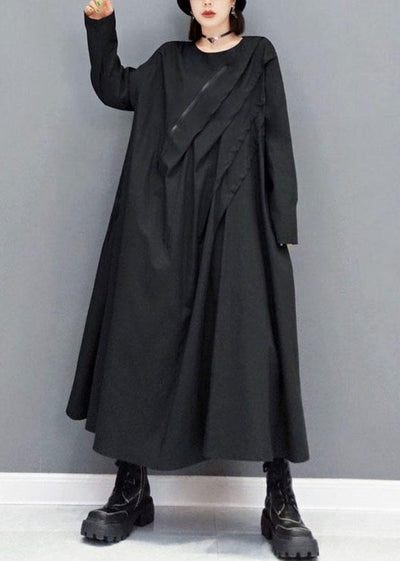 Elegant Black O-Neck Pockets Robe Dresses Fall Long Sleeve - bagstylebliss