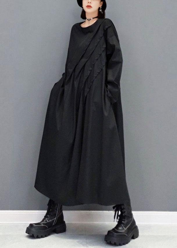 Elegant Black O-Neck Pockets Robe Dresses Fall Long Sleeve - bagstylebliss