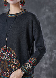 Elegant Black O-Neck Print Cotton Blouses Fall