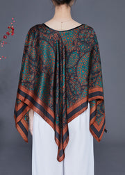 Elegant Black O-Neck Print Silk Shawl