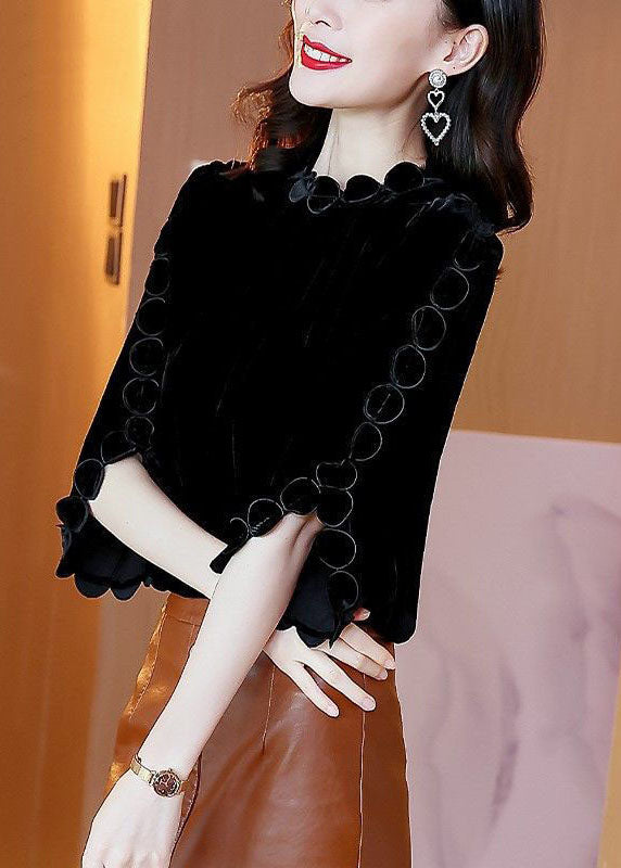 Elegant Black O-Neck Solid Color Original Design Velour Shirt Top Flare Sleeve