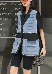 Elegant Black Patchwork Button Pockets Fall Sleeveless Waistcoat