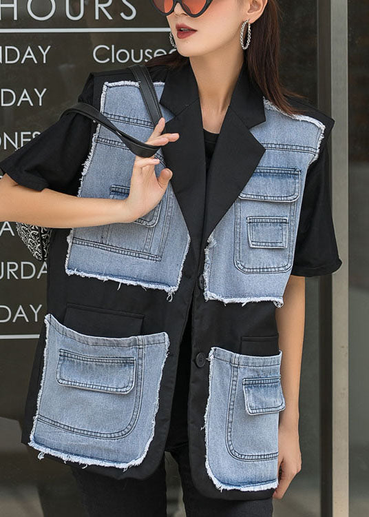 Elegant Black Patchwork Button Pockets Fall Sleeveless Waistcoat