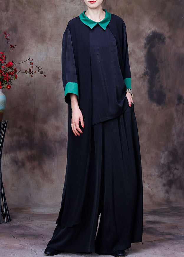 Elegant Black Patchwork Green Peter Pan Collar Low High Design Chiffon Long Shirt And Wide Leg Pant Two Pieces Set Summer