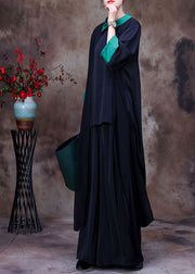 Elegant Black Patchwork Green Peter Pan Collar Low High Design Chiffon Long Shirt And Wide Leg Pant Two Pieces Set Summer