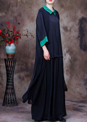 Elegant Black Patchwork Green Peter Pan Collar Low High Design Chiffon Long Shirt And Wide Leg Pant Two Pieces Set Summer