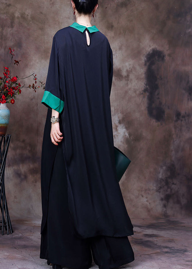 Elegant Black Patchwork Green Peter Pan Collar Low High Design Chiffon Long Shirt And Wide Leg Pant Two Pieces Set Summer