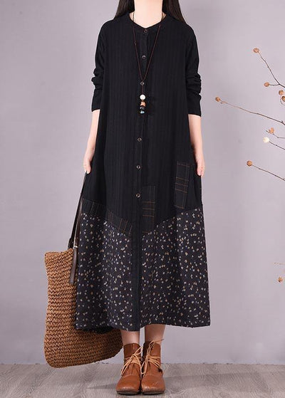 Elegant Black Patchwork Print Tunic O Neck Pockets Maxi Spring Dresses - bagstylebliss