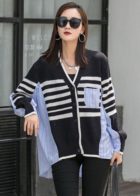 Elegant Black Patchwork Striped Button Asymmetrical Design Fall Long Sleeve Top