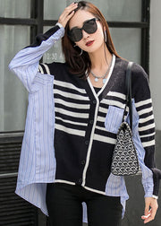 Elegant Black Patchwork Striped Button Asymmetrical Design Fall Long Sleeve Top