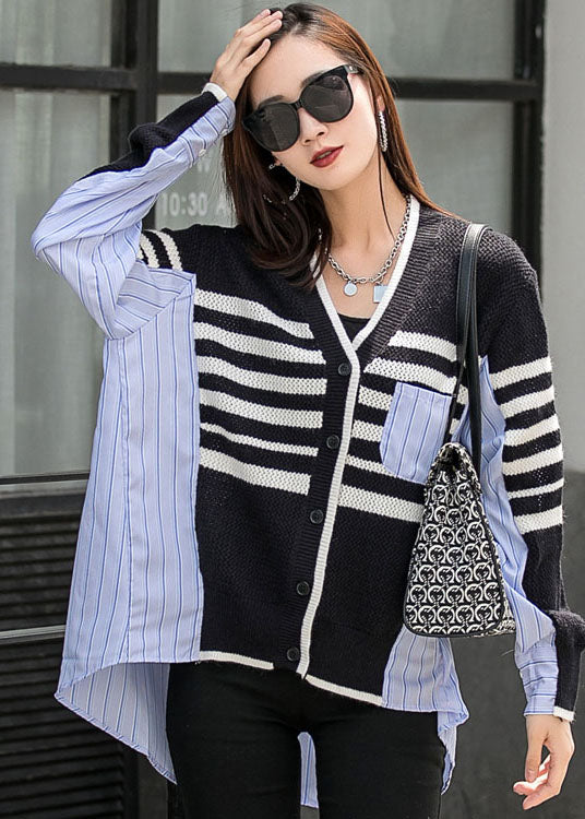 Elegant Black Patchwork Striped Button Asymmetrical Design Fall Long Sleeve Top