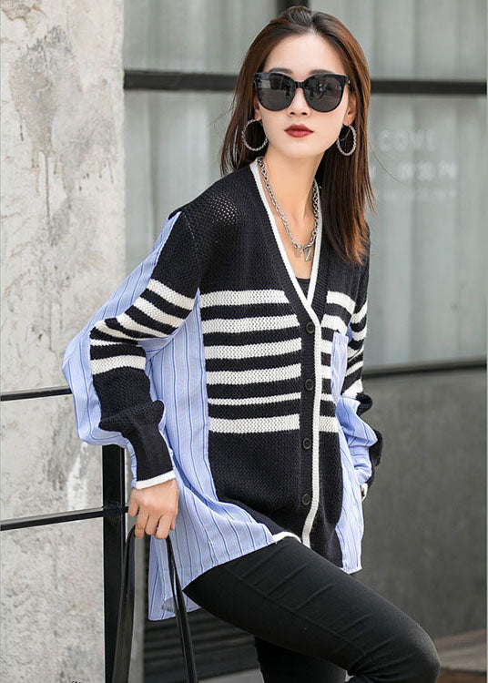 Elegant Black Patchwork Striped Button Asymmetrical Design Fall Long Sleeve Top