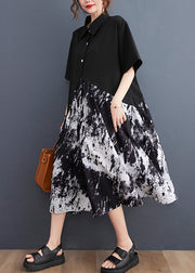 Elegant Black Peter Pan Collar Button Asymmetrical Print Shirt Dress Short Sleeve