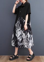 Elegant Black Peter Pan Collar Button Asymmetrical Print Shirt Dress Short Sleeve