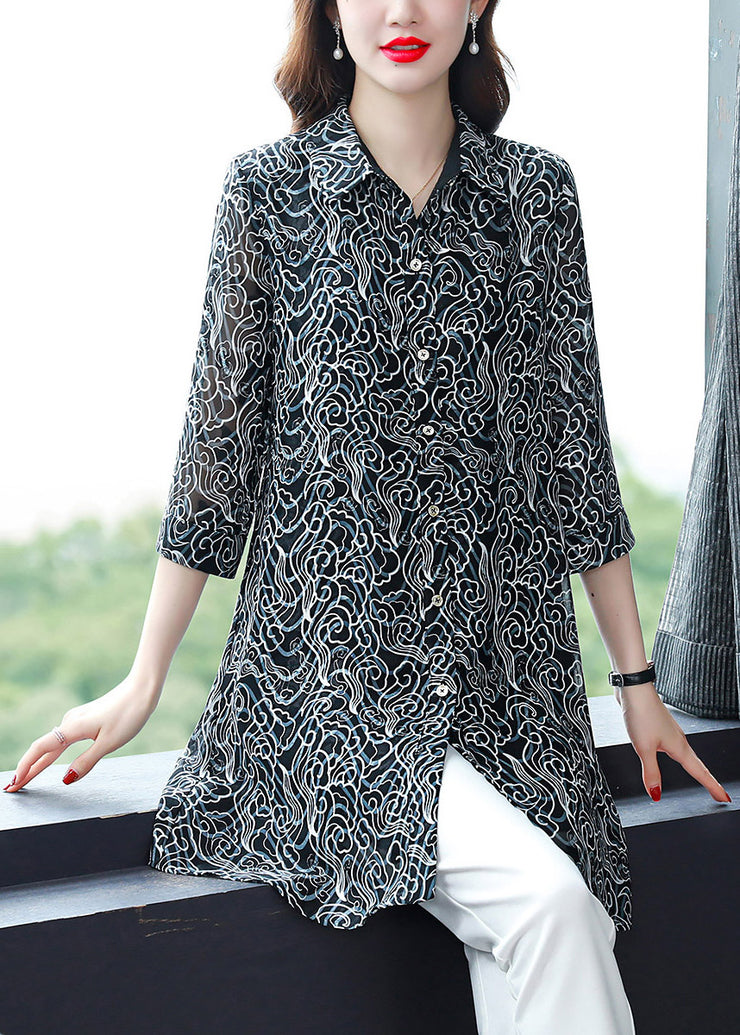 Elegant Black Peter Pan Collar Button Print Chiffon Shirt Tops Spring