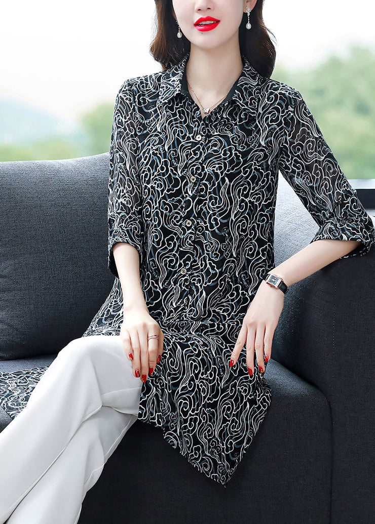 Elegant Black Peter Pan Collar Button Print Chiffon Shirt Tops Spring