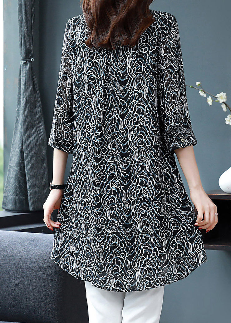 Elegant Black Peter Pan Collar Button Print Chiffon Shirt Tops Spring