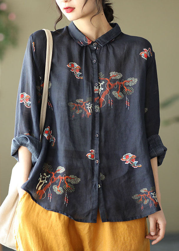 Elegant Black Peter Pan Collar Button Print Linen Shirt Tops Long Sleeve