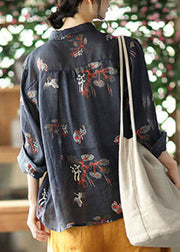 Elegant Black Peter Pan Collar Button Print Linen Shirt Tops Long Sleeve