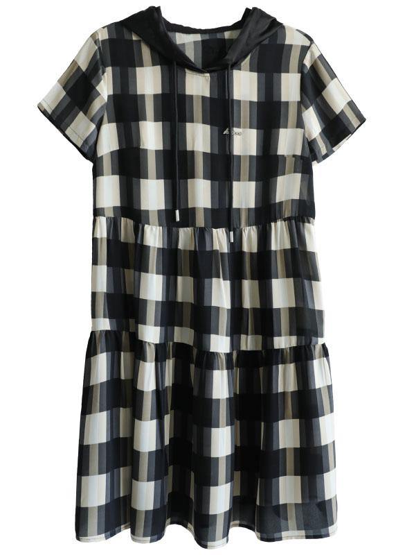 Elegant Black Plaid Hooded Patchwork Summer Cotton Dresses - bagstylebliss