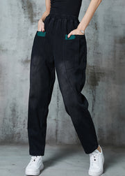 Elegant Black Pockets Warm Fleece Denim Pants Spring