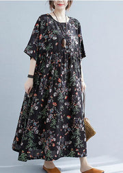 Elegant Black Print O-Neck Patchwork Summer Robe Dresses Half Sleeve - bagstylebliss