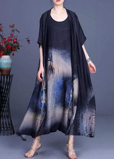 Elegant Black Print Silk Cardigans Braces Skirt Two Pieces Set - bagstylebliss