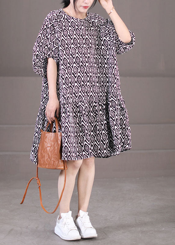 Elegant Black Puff Sleeve Plaid Print Patchwork Cotton A Line Dress Summer