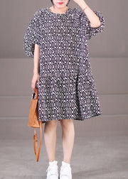 Elegant Black Puff Sleeve Plaid Print Patchwork Cotton A Line Dress Summer