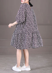 Elegant Black Puff Sleeve Plaid Print Patchwork Cotton A Line Dress Summer