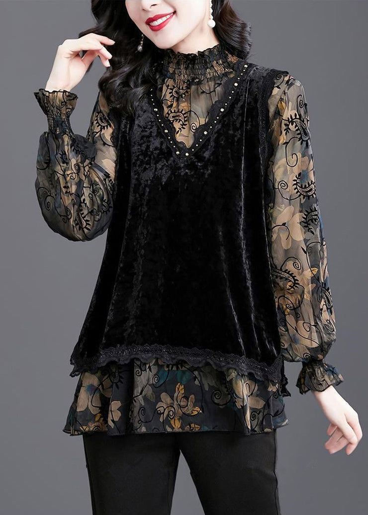 Elegant Black Ruffled Print Patchwork Silk Velour Tops Fall