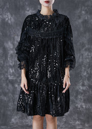 Elegant Black Sequins Patchwork Velour Mid Dresses Spring