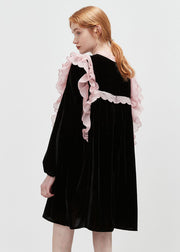 Elegant Black Stand Collar Patchwork Ruffled Velour Mid Dresses Spring